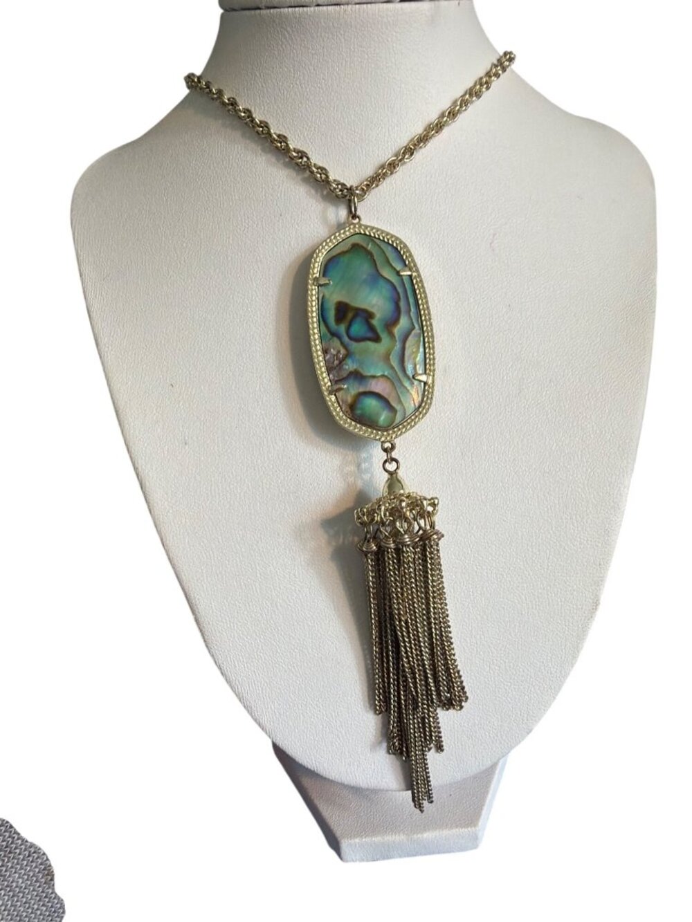 Kendra Scott Rayne Long Gold Tone Necklace Abalone Shell Pendant Tassel Adj 32"